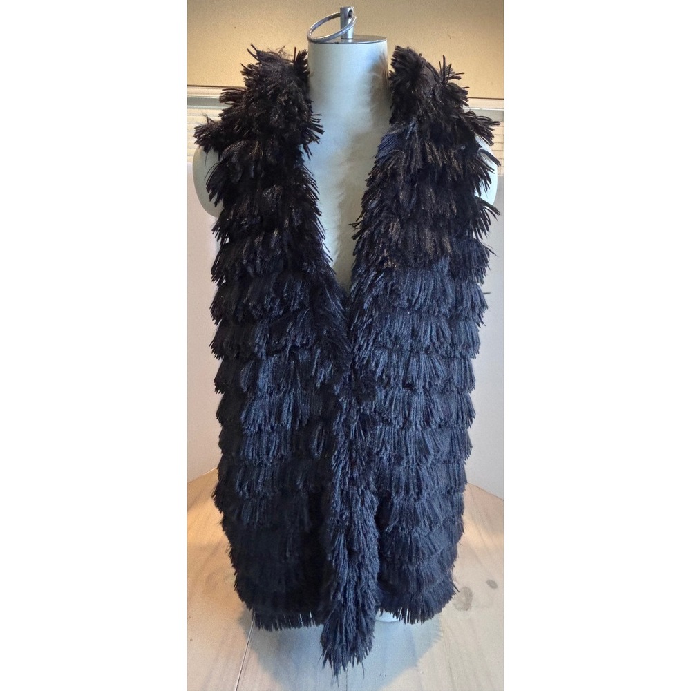 R Cinco Ranch Womens XL Black Shaggy Fringed Hooded Vest‎ Lined Boho Western